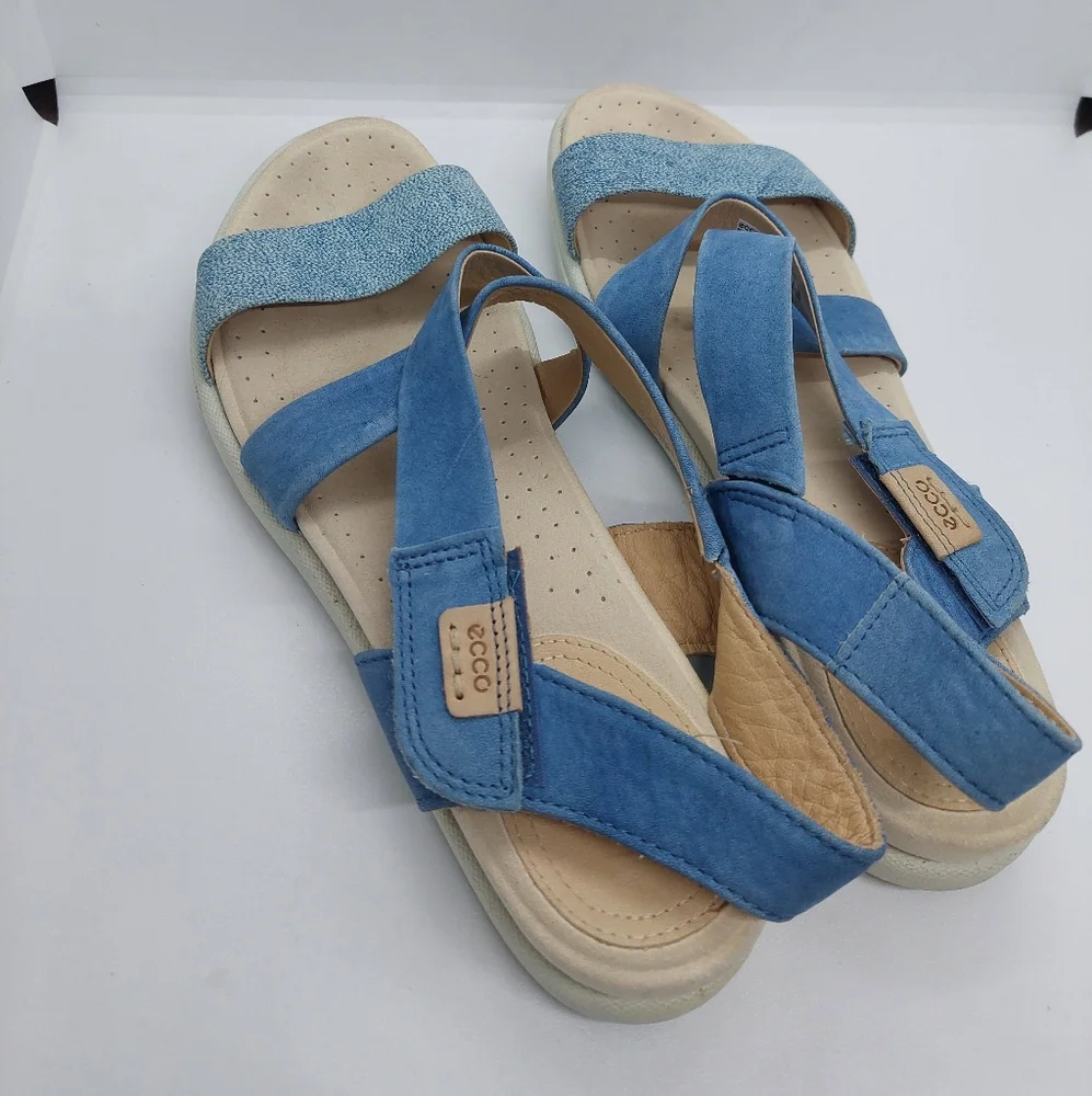 ECCO Damara Blue Criss-Cross Suede Leather Strappy Flat Sandals Shoes Women's 9